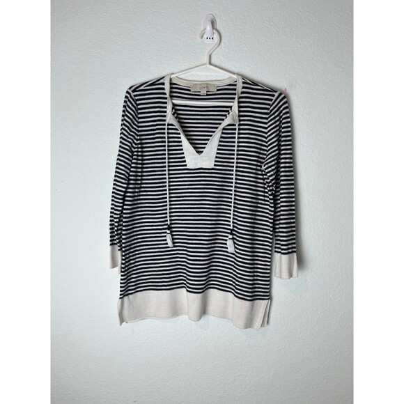 LOFT Sweater Womens Small Navy White Stripe Pullover Drawstring Tunic Top Cotton - Picture 1 of 6